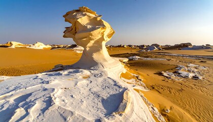White rock formations jut from sandy desert under clear blue sky, golden hour
