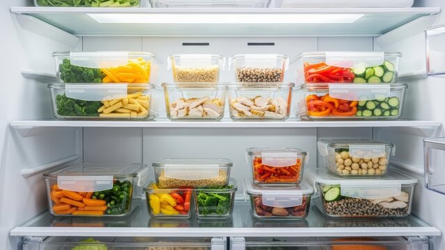 Organized refrigerator interior with meal prep containers full of fresh vegetables, grains and pasta. Healthy eating lifestyle concept, batch cooking, kitchen organization, clean diet food storage.