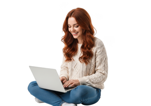 Smiling young woman with long wavy red hair wearing a cozy cable knit sweater and jeans typing on a laptop isolated on transparent background