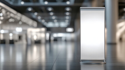 Modern illuminated display stand in spacious indoor setting  