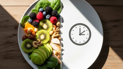 Intermittent fasting concept plate divided half. healthy chicken vegetables quinoa, right side white clock icon. Wooden table background sunlight. Ideal diet nutrition weight loss apps health blog