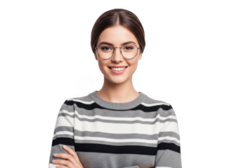 A young woman with glasses and a striped sweater smiles confidently with arms crossed isolated on transparent background
