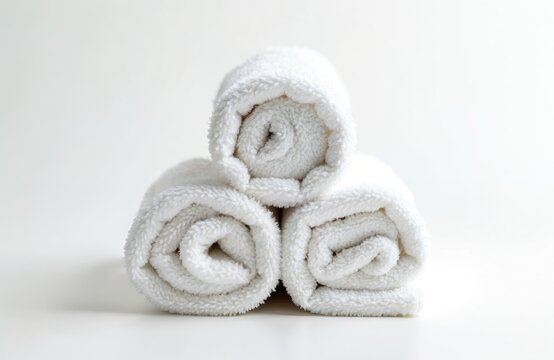Three white towels rolled up and stacked on white background. Towels are fluffy, soft and clean. Rolled towels are arranged in pyramid shape.