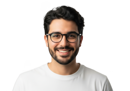 Smiling young man with beard and glasses wearing a white t shirt isolated on transparent background