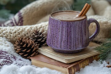 Fototapeta premium Steaming beverage rests on stacked old books surrounded by winter decorations and soft textile