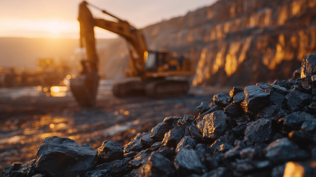 Close-up of raw coking coal on dusty ground, glowing reflections from warm sunlight, heavy mining vehicles barely distinguishable in the blurred background