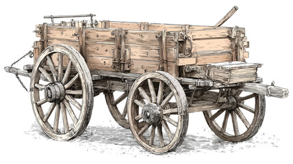 Fototapeta premium Vintage Wooden Wagon with Spoked Wheel in Detailed Drawing Style