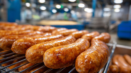 Fresh sausages resting on cooling racks in a bright, sterile room, showcasing the smooth texture and natural sheen of premium meat products