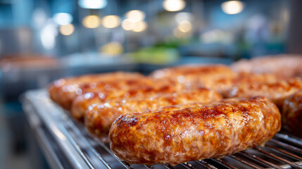 Fresh sausages resting on cooling racks in a bright, sterile room, showcasing the smooth texture and natural sheen of premium meat products