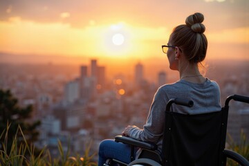 A Woman in a Wheelchair Gazing at a Cityscape During Sunset
