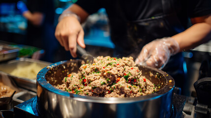 Macro view of minced meat mixture being evenly incorporated with spices inside the powerful chopper, with a workerâs hands steadying the machine lid