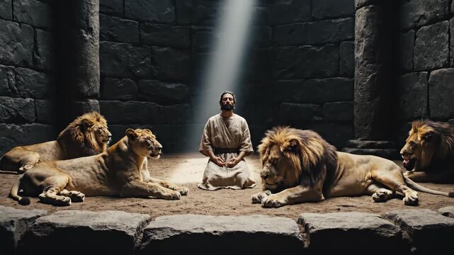 Fearless ancient biblical prophet Daniel kneeling in prayer surrounded by calm lions inside dark stone dungeon with divine light beam from above symbolizing spiritual protection and religious miracle 