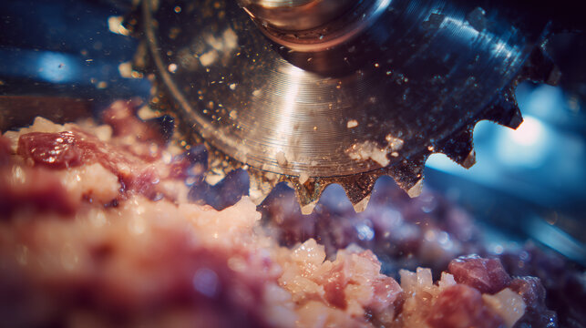 Macro shot of the steel blade inside a vintage meat grinder, catching reflections of the workshop lights, surrounded by neatly diced meat ready for processing