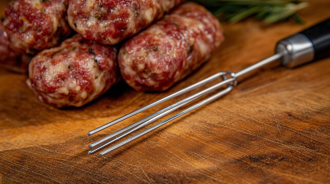 A traditional sausage pricker with fine metal needles shown up close, resting next to freshly stuffed sausages, embodying the precision of handcrafted production