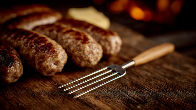A traditional sausage pricker with fine metal needles shown up close, resting next to freshly stuffed sausages, embodying the precision of handcrafted production - Powered by Adobe