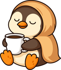 Relaxed penguin holding a cup of hot coffee in winter clothing. Cozy seasonal cartoon suitable for stickers, greeting cards, winter themes, and cute merchandise.