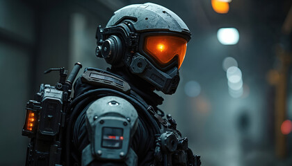 Advanced soldier in tactical gear stands alert. Night vision goggles glow orange. Futuristic warfare preparation, modern army operative, special forces.