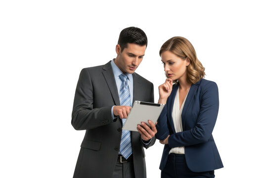 Professional business colleagues collaborating on a digital tablet device discussing project details isolated on transparent background - Powered by Adobe