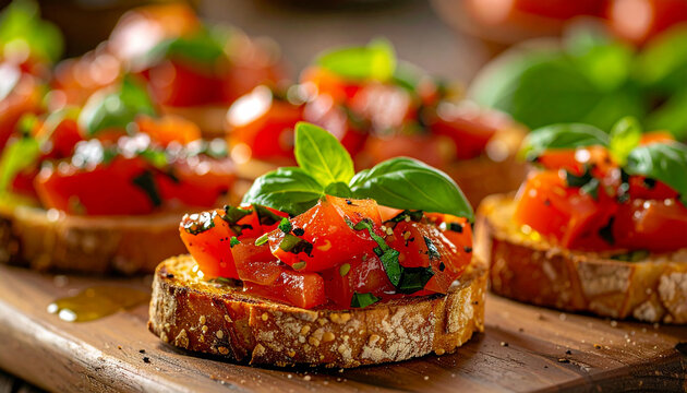 Fresh mini bruschetta with tomatoes, basil and olive oil, appetizing party snack, tasty food.