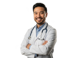 Smiling asian male doctor wearing white lab coat and stethoscope with arms crossed isolated on transparent background
