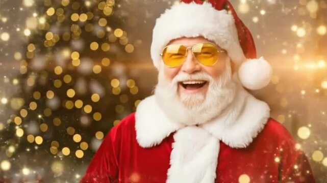 Festive animation featuring joyful character wearing glasses. It symbolizes joy, holiday spirit, invitation, holiday season, christmas, winter and good mood
