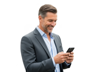 Smiling businessman in a suit holding and texting on a smartphone with a pleasant expression isolated on transparent background