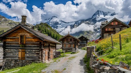 Picturesque alpine village with traditional wooden houses, mountain backdrop, and cloudy skies