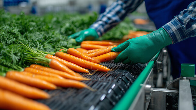 Close-up of hands selecting and sorting carrots on a conveyor belt, highlighting vibrant color contrasts between orange roots and green tops, with motion blur suggesting active sor