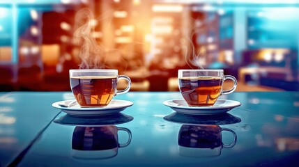 Background of two cups of coffee or tea on table in office against office background
