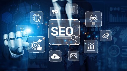 SEO concept for improving SEO visibility, with SEO related digital tools and SEO performance icons shown in an focused layout for strategic marketing. Muxer