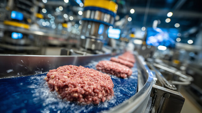 Close-up view of meat grinders depositing minced meat into casings, sausages moving in perfect rows along a conveyor, with sterile factory environment and overhead lights creating