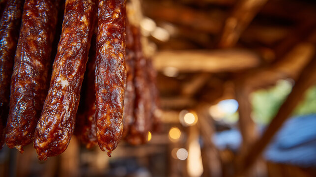 Detailed image of handmade sausages in the process of drying, fresh from workersâ hands, hung carefully on racks in a traditional smokehouse or rustic workshop