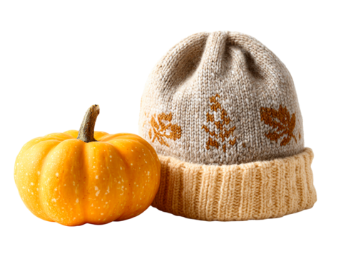 Knit Beanie with Leaf Motif and Small Orange Pumpkin