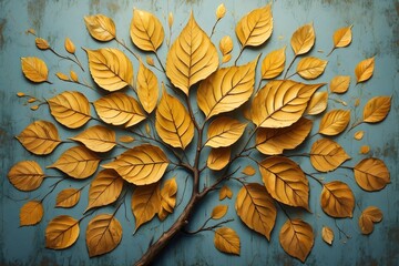 Golden Autumn Maple Tree Paper Cut Art on Teal Background