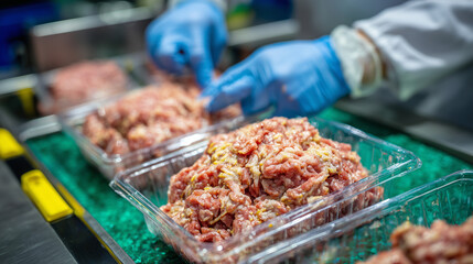 Naklejka premium Macro view of freshly ground meat being portioned into clear plastic containers by gloved hands, soft green background enhances the visual contrast and freshness