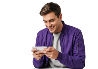 Young man smiling while holding and looking at his smartphone with a bright expression isolated on transparent background