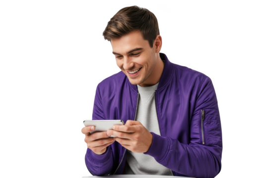 Young man smiling while holding and looking at his smartphone with a bright expression isolated on transparent background
