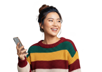 Young asian woman with updo hair wearing a striped sweater holding a mobile phone smiling joyfully isolated on transparent background
