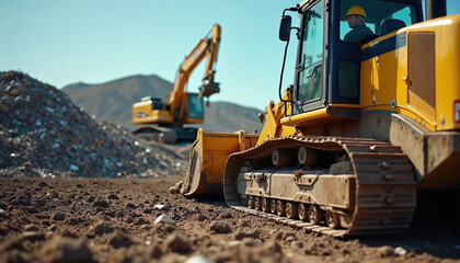 Fototapeta premium Man in hard hat operates heavy equipment at large active landfill site. Worker drives powerful yellow bulldozer pushing rubbish, dirt for waste disposal, moving debris across vast area. Another