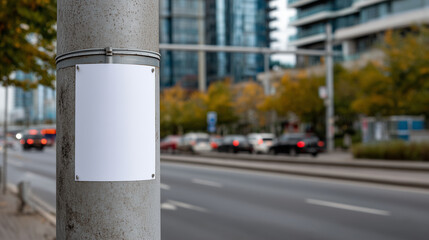 Close-up of a blank poster on a cylindrical street pole, urban street background with cloudy sky, wet asphalt reflections, realistic textures