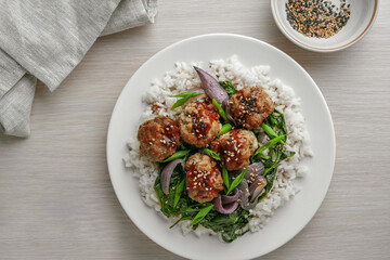 Teriyaki Meatballs with Steamed Rice and Onion