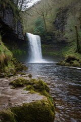 Fototapeta premium Serene waterfall flowing into tranquil forest stream amidst lush greenery
