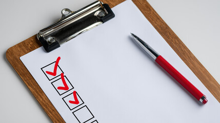 Macro shot of metallic clip holding a blank checklist on clipboard, white background emphasizing clarity and simplicity, focus on textures of clip and paper