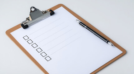 Angled view of clipboard with empty checklist and reflective metal clip, isolated on pure white, bright lighting highlighting smooth surfaces and crisp edges