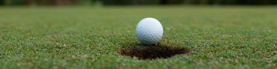 Fototapeta premium Golf ball near hole on lush green grass close-up