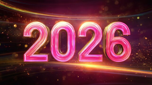 Glowing three dimensional numerals announce the arrival of the year two thousand twenty six