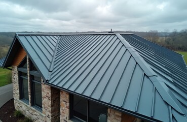 Obraz premium Modern house features standing seam metal roof with durable grey panels covering the structure. The contemporary architectural design offers long-lasting protection and aesthetic appeal.