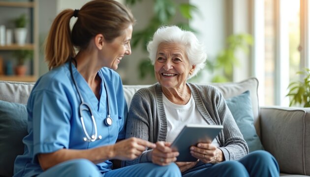 Nurse helps senior woman with tablet indoors. Old lady smiles at home. Healthcare worker and patient use tech device. Retirement care and medical consultation.