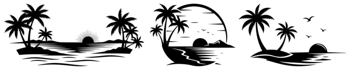 Obraz premium Tropical Island Sunset Silhouettes with Palm Trees – Monochrome Line Art Vector Vacation Icon Set