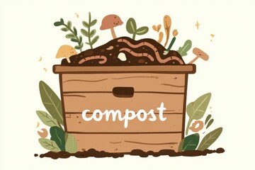 Compost bin with worms illustration for garden, sustainability and organic waste recycling